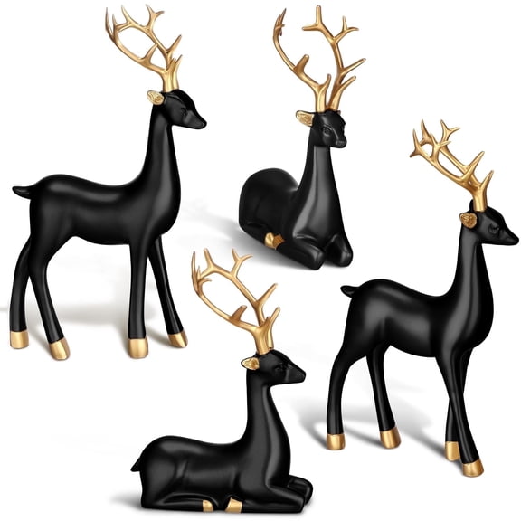 4 Pcs Christmas Reindeer Decor Small Resin Standing Sitting Deer Figurine Mini Reindeer Christmas Table Decoration for Home Indoor Xmas Holiday Small Statue Rustic Table Decor(Black and Gold)