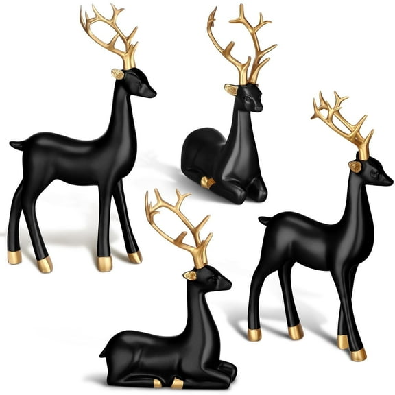 4 Pcs Christmas Reindeer Decor Small Resin Standing Sitting Deer Figurine Mini Reindeer Christmas Table Decoration for Home Indoor Xmas Holiday Small Statue Rustic Table Decor(Black and Gold)