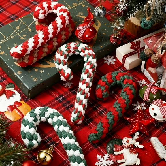 4 Pcs Christmas Rope Decor with Candy Cane Design,Interactive Rope Toys and Christmas Decorations, Dog Tug Ropes, Chew Toys for Dental Play and Training