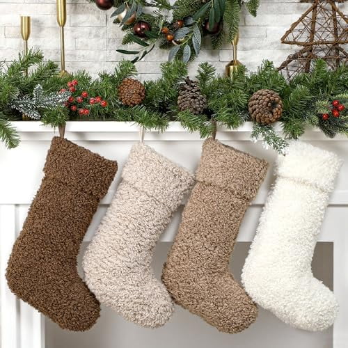 4 Pcs Christmas Sherpa Fabric Stockings Faux Fur Socks Christmas Fireplace Hanging Socks for Holiday Party Gifts Decoration, 20 Inch$$Home Decor, Kitchen, & Other
