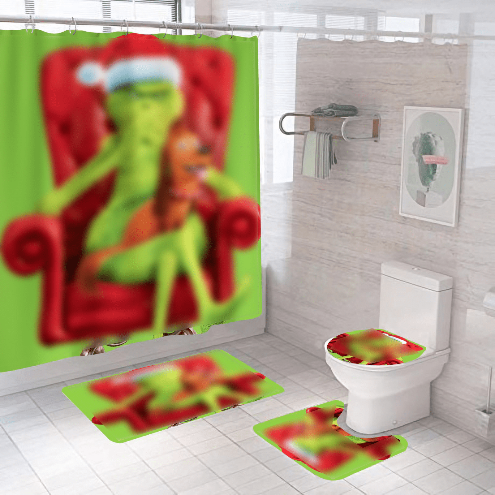 4 Pcs Christmas Shower Curtain Set, Christmas Bathroom Sets with Non-Slip Rug, Toilet Cover & Bath Mat, Green Holiday Shower Curtains for Bathroom Decor with Hook