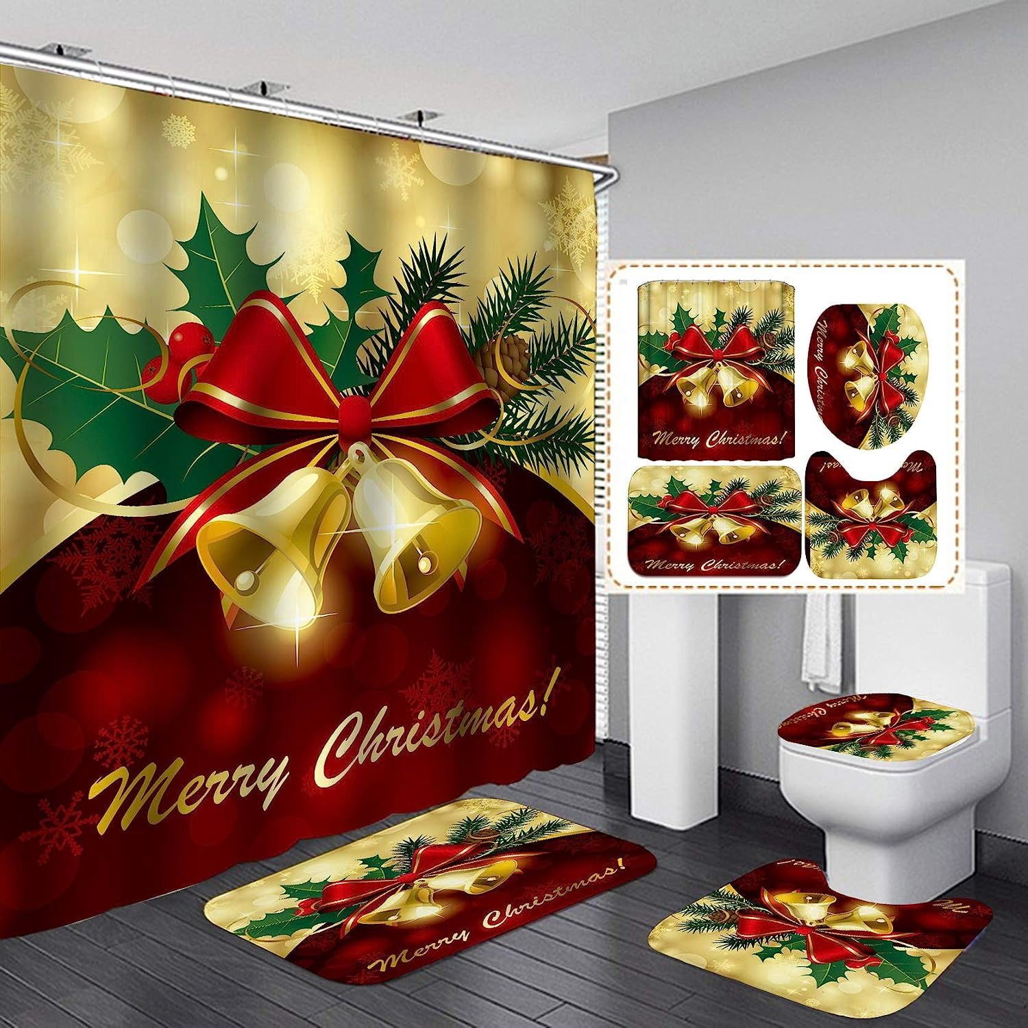 4 Pcs Christmas Shower Curtain Set With Non-Slip Rug, IsEasy Xmas Shower Curtains With 12 Hooks ...
