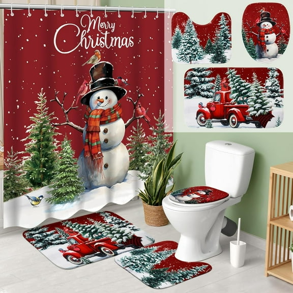 4 Pcs Christmas Shower Curtain Sets with Non Slip Rug Winter Christmas Bathroom Decor Toilet Lid Cover and Bath Mat Snowman Shower Curtain with 12 Hooks for Xmas Bathroom Decor(Red,Classic)