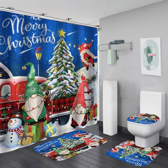 4 Pcs Christmas Shower Curtain Sets with Rugs Red Truck with Xmas Tree Snowmen Farmhouse Shower Curtain Waterproof Bathroom Set with Hooks Toilet Lid Cover Bath Mat