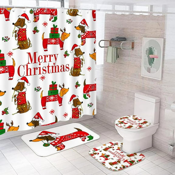 4 Pcs Christmas Shower Curtain Sets Stripes Pine Trees Xmas Bathroom Set, Christmas Tree Shower Curtain with 12 Hooks Non Slip Rug Toilet Lid Cover and Bath Mat for Xmas Winter Holiday Supply