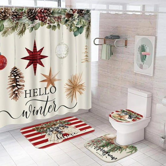 4 Pcs Christmas Shower Curtain Sets Winter Xmas Bathroom Set Hello Winter Merry Christmas Shower Curtain with 12 Hooks Non-Slip Rug Toilet Lid Cover Bath Mat for Holiday(Reindeer)