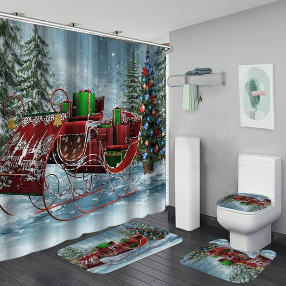 4 Pcs Christmas Shower Curtains Set with Non-Slip Rugs, Toilet Lid Cover and Bath Mat, Vintage Rustic Wooden Shower Curtain with 12 Hooks, Xmas Tree Snowflake Shower Curtain for Bathroom