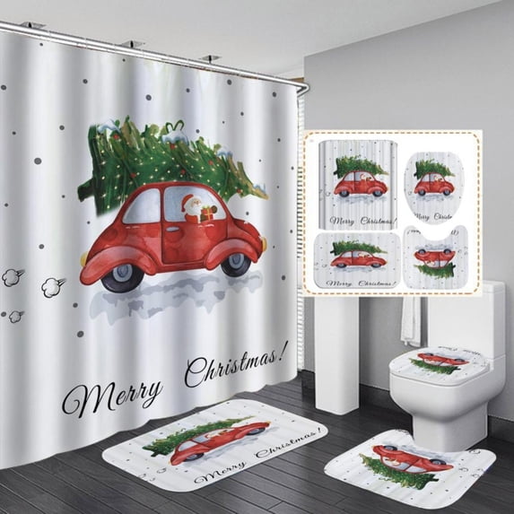 4 Pcs Christmas Shower Curtains Set with Non-Slip Rugs, Toilet Lid Cover and Bath Mat, Vintage Shower Curtain with 12 Hooks, Xmas Tree Snowflake Shower Curtain for Bathroom