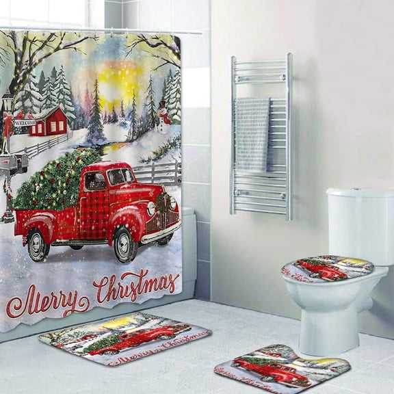 4 Pcs Christmas Shower Curtains Set with Non-Slip Rugs Toilet Lid Cover Bath Mat, Christmas Red Truck Bathroom Sets with 12 Hooks