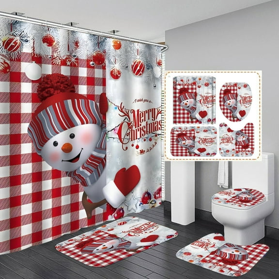 4 Pcs Christmas Shower Curtains Set with Non-Slip Rugs Toilet Lid Cover Bath Mat, Christmas Snowmen Bathroom Sets with 12 Hooks