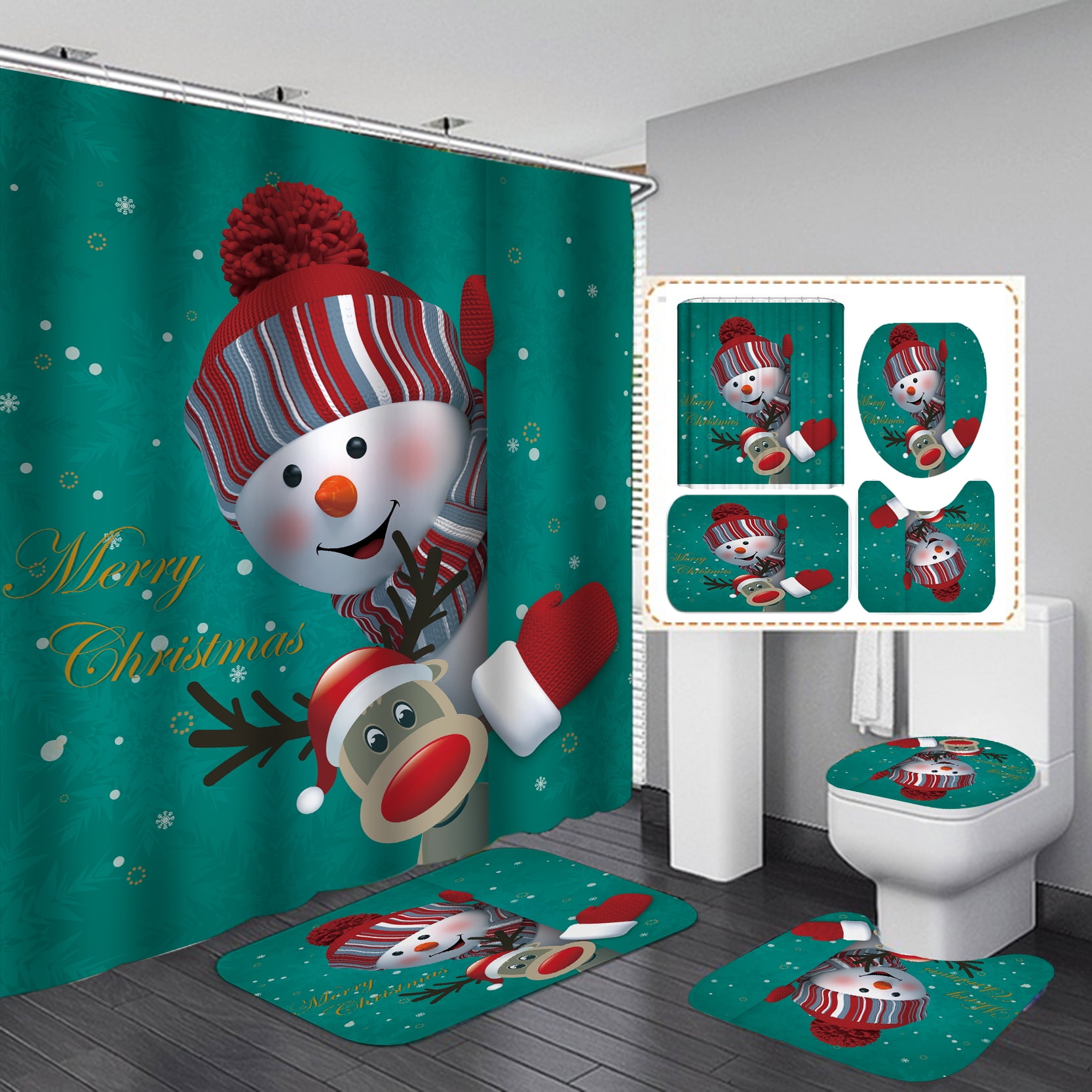 4 Pcs Christmas Shower Curtains Set with NonSlip Rugs, Toilet Lid