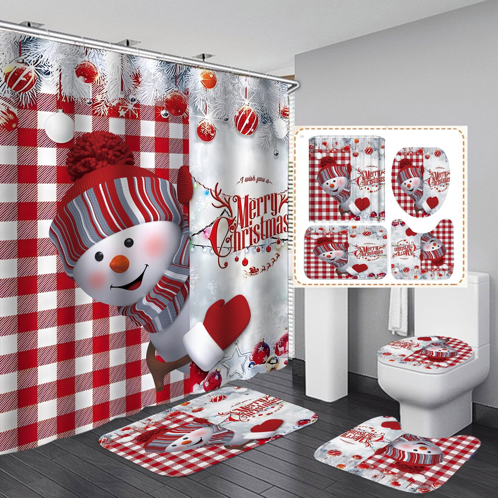 4 Pcs Christmas Shower Curtains Set with NonSlip Rugs, Toilet Lid
