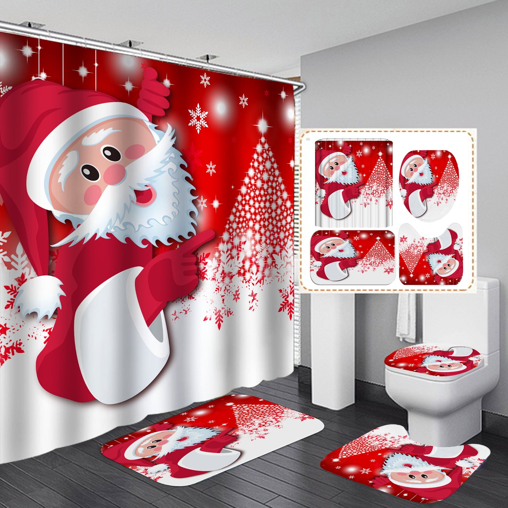 4 Pcs Christmas Shower Curtains Set with NonSlip Rugs, Toilet Lid