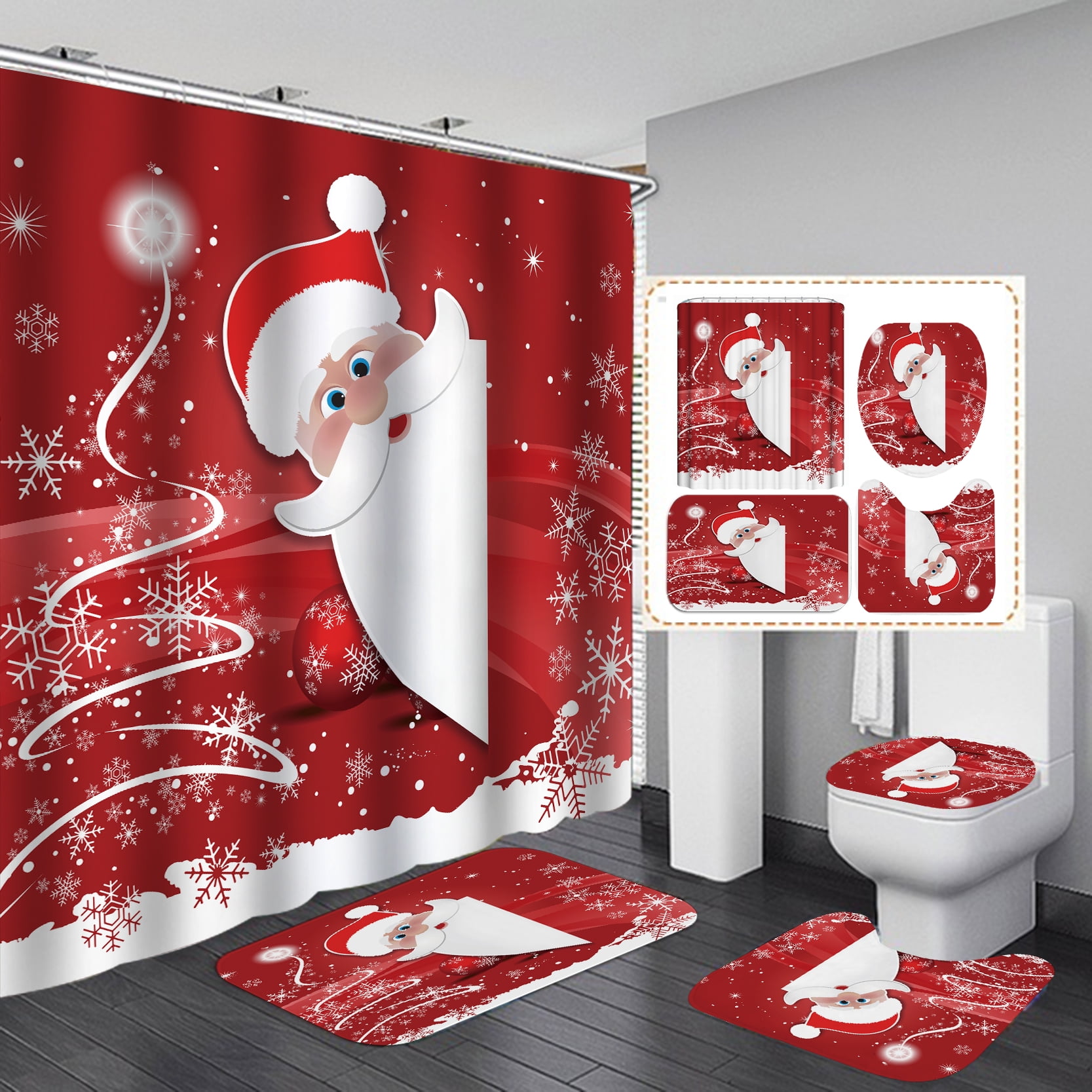 4 Pcs Christmas Shower Curtains Set with NonSlip Rugs, Toilet Lid