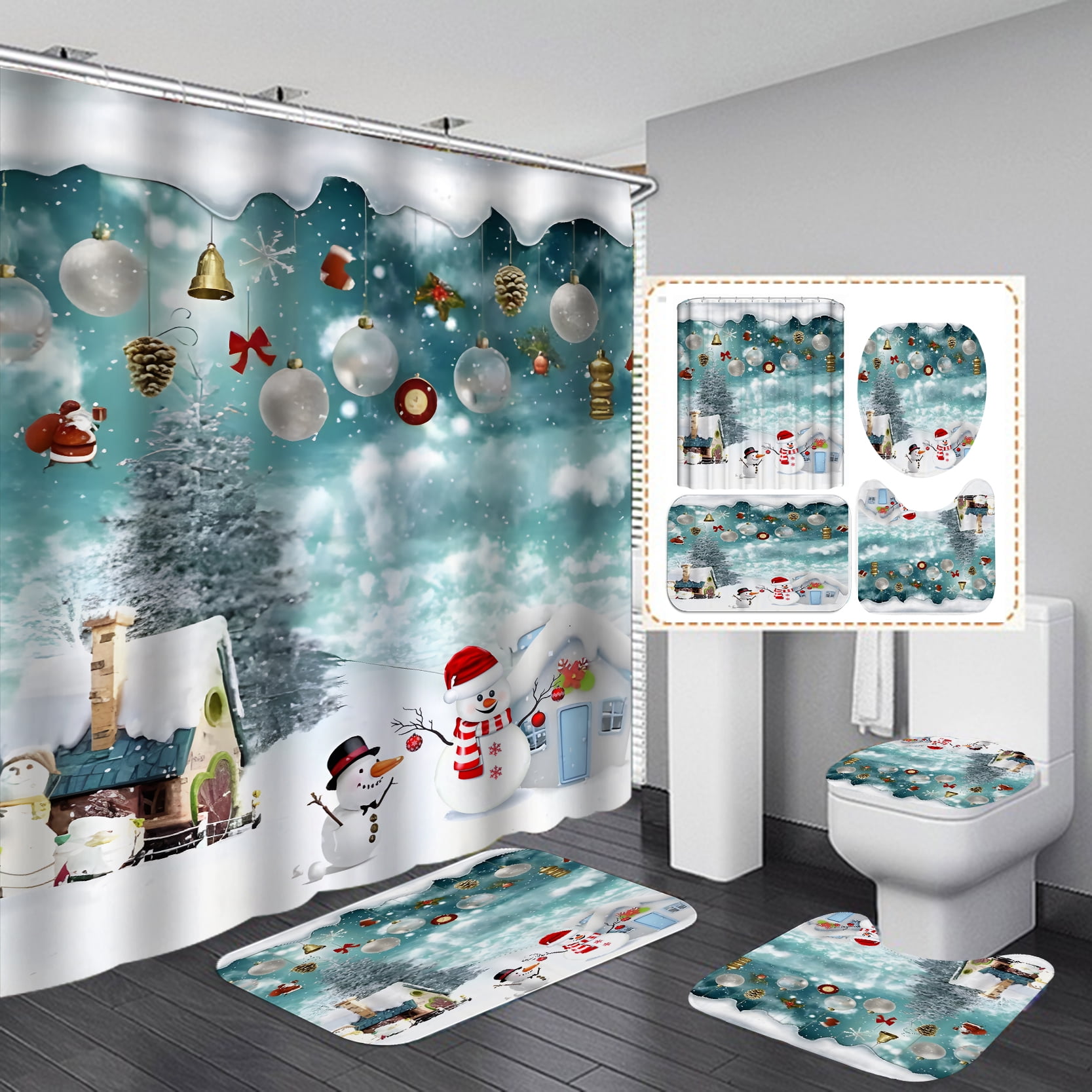 4 Pcs Christmas Shower Curtains Set with NonSlip Rugs, Toilet Lid