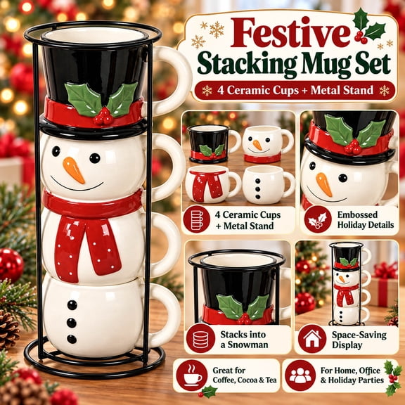 4 Pcs Christmas Snowman Stacking Mugs, Ceramic Coffee Mug Set With Metal Rack, 9.8 in Festive Stackable Cup for Hot Cocoa Tea