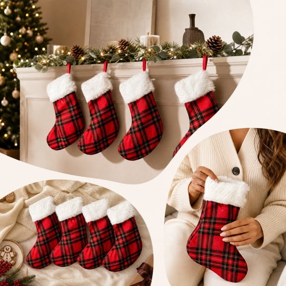 4 Pcs Christmas Stockings,Cartoons Style Plushs Holiday Gift Pouches,Versatile Hanging Stockings Ornament for Christmas,Suitable for Fireplace,Christmas Tree and Indoor Wall