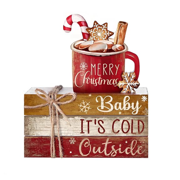 4 Pcs Christmas Table Decor Set,Wooden Santa Elk Decorative Signs,Rustic Tiered Tray Centerpiece,Farmhouse Xmas Ornaments for Home, Kitchen Shelf & Mantel