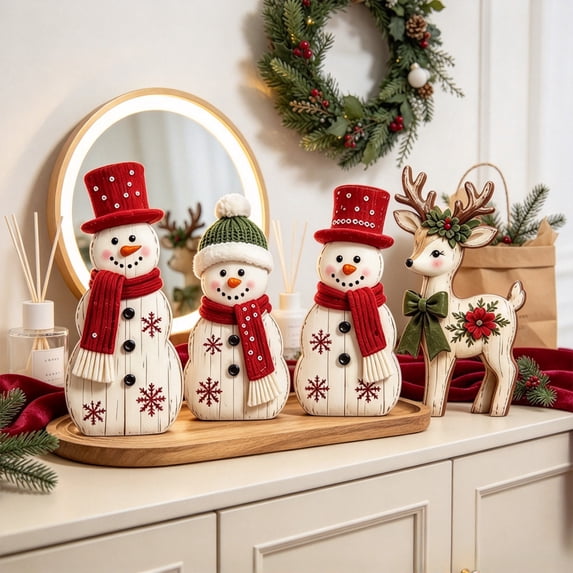 4 Pcs Christmas Table Decor Wooden Snowman Deer Decor, Rustic Christmas Tiered Tray Decor, Christmas Table Centerpiece, Decorative Block Sign Gift for Xmas Party Home Office Shelf