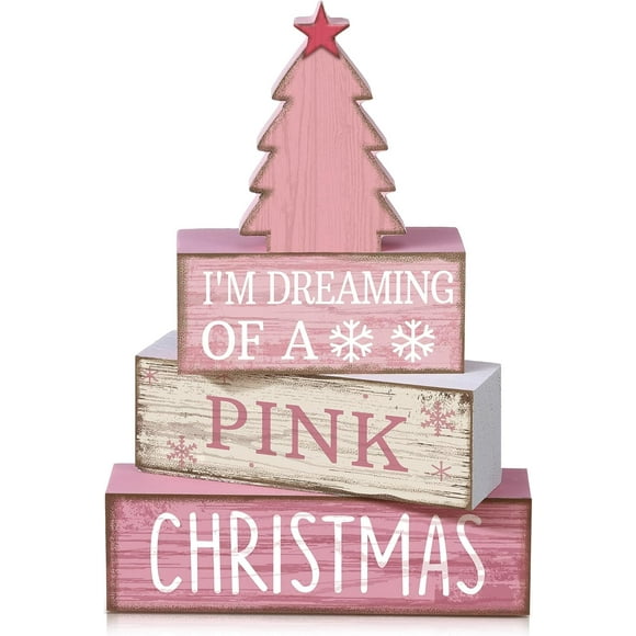 4 Pcs Christmas Table Decoration Wooden Pink Christmas Tree Centerpieces Decor Winter Tiered Tray Decor Rustic Decorative Tree Block Signs Gift Farmhouse Xmas Decoration for Home Kitchen