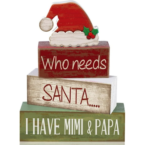 4 Pcs Christmas Table Decorations Wooden Red Santa Hat Christmas Tiered Tray Decor Rustic Wood Santa Hat Block Sign Xmas Centerpiece Mimi and Papa's Gift Decor for Home Shelf Kitchen
