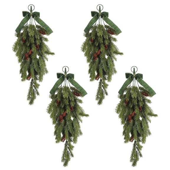 4 Pcs Christmas Teardrop Swags with Velvet Bows 27.6 Inch Rustic Artificial Pine Greenery Teardrop Wreath for Holiday Front Door Stair Mantle Fireplace Wall Indoor Outdoor Decor