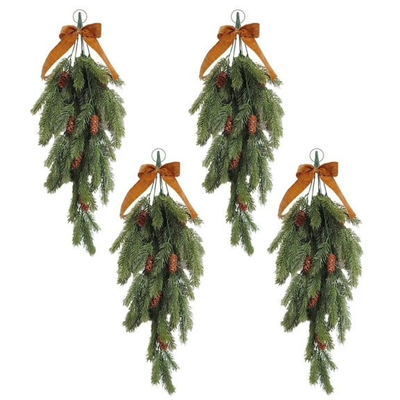 4 Pcs Christmas Teardrop Swags with Velvet Bows 27.6 Inch Rustic Artificial Pine Greenery Teardrop Wreath for Holiday Front Door Stair Mantle Fireplace Wall Indoor Outdoor Decor