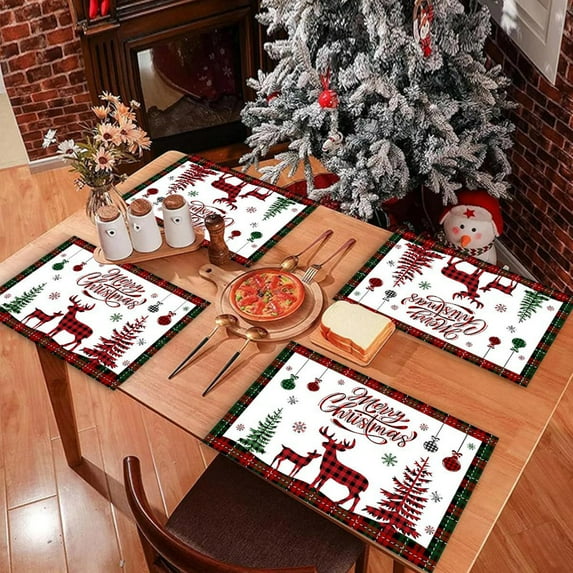 4 Pcs Christmas Theme Placemats Decoration, Cartoon Party Insulation Washable Non Slip Linen Dining Mats Christmas Atmosphere Ornaments