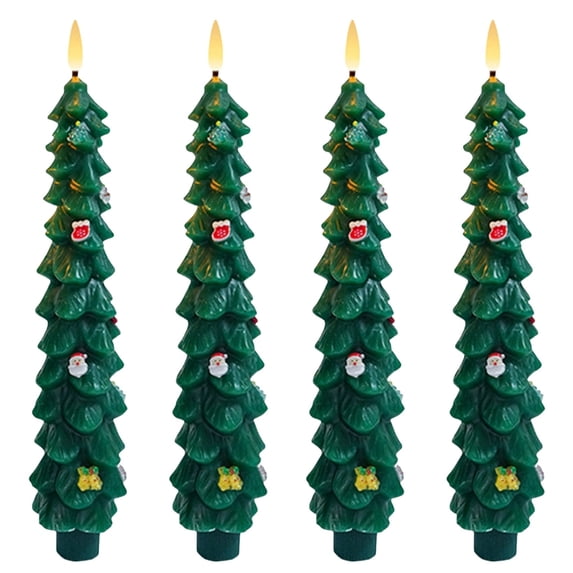 4 Pcs Christmas Tree Flameless Taper Candles Christmas Decorations Christmas LED Taper Candles with 3D Flame, Green LED Candlesticks for Christmas Home Decoration Party Favor Supplies