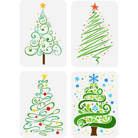 4 Pcs Christmas Tree Stencils - 11.7x8.3 inch Plastic Tree Stars Snowflake Patterns Template for DIY Art and Craft Home Wall Decor