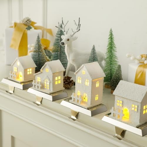 4 Pcs Christmas Village Stocking Holder for Mantle LED Christmas Village House Stocking Hook Set Fireplace Stand Hanger for Xmas Holiday Counter Window Decoration$$Home Decor, Kitchen, & Other