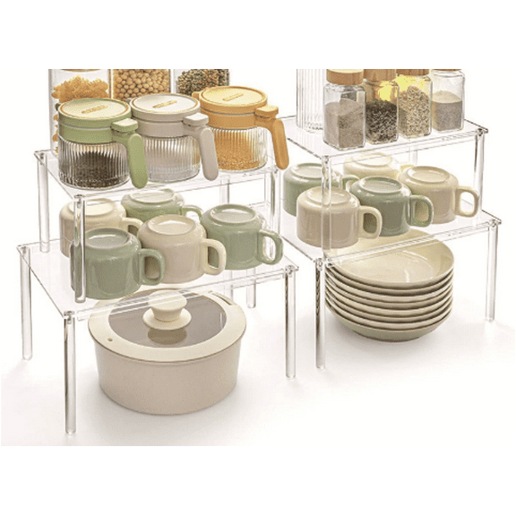 4 Pcs Clear Acrylic Cabinet Organizers, Stackable Countertop Spice Racks, Modular Shelf Risers for Kitchen Pantry Bathroom Desk Storage, Versatile Sizes