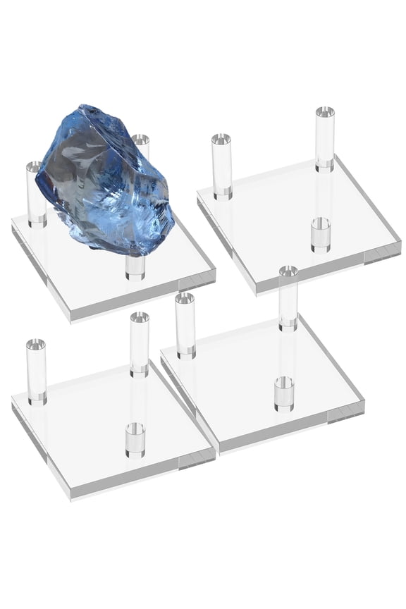 4 Pcs Clear Acrylic Crystal Display Stand with Square Base and Three Pegs Versatile Rock Display Stand for Fossil Coral Geodes Rock Mineral Agate Small Collectibles