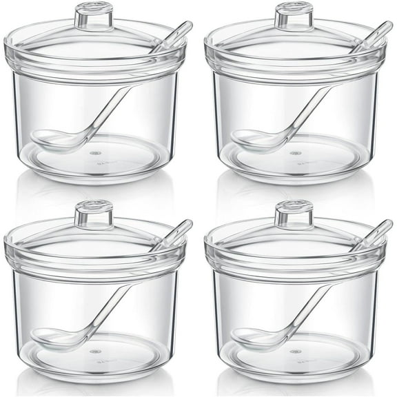 4 Pcs Clear Acrylic Sugar Bowl, 13.5 oz Seasoning Box, Condiment Pots with Spoon and Lid, Sugar Spice Salt Canister, Tea Jars, Condiment Server for Home Kitchen, Coffee Bar, Restaurant