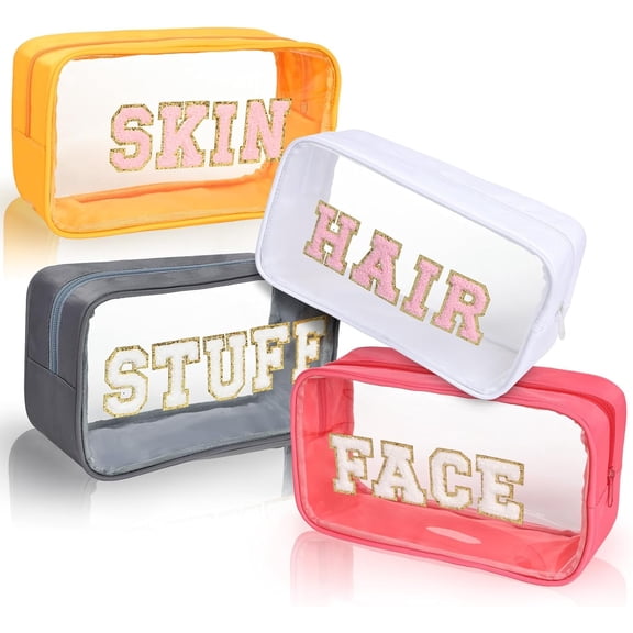 4 Pcs Clear Chenille Letter Makeup Bags Cosmetic Pouch Travel Toiletry Vanity Organizer