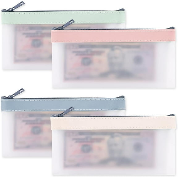 4 Pcs Clear Money Bags with Zipper,Happon 7.6 x 3.7 inch Cash Envelopes,Bank Deposit Pouch,Money Organizer,Coin Bag for Collectors,Coin Purse Check Wallet Holder for Budgeting(4 Colors)