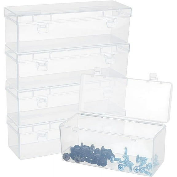 4 Pcs Clear Plastic Storage Box Rectangle Containers Large Box Case with Flip-Up Lids for Small Items Notebook Pen Bead and Jewelry Findings 5.9x2.36x2.68 Inch for DIY