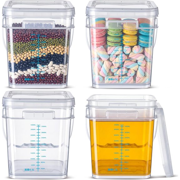 4 Pcs Clear Square Bucket with Lid 1 Gallon Graduated Pail Container Food Grade Buckets for Cleaning Plastic Pails with Grip Handles for Kitchen Meal Prep Snack Rice Flour Pet Food, 4 Qt