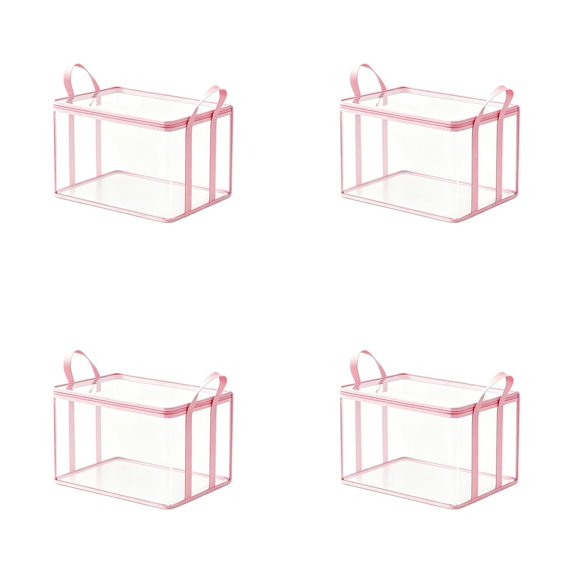 4 Pcs Clear Storage Bins with Lids Heavy Duty Reinforced for College Supplies, Moving Bags for Clothes Packing, Pink Storage Tote with Handles for Dorms, Storage