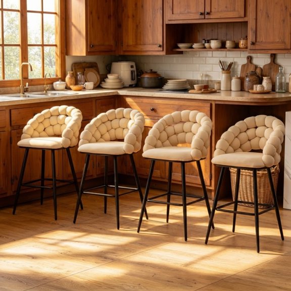 4 Pcs Cloud Bubble Back Bar Height Bar Stool, Velvet Upholstered Bar Chair, Matte Metal Legs, Ergonomic Padded Breakfast Stool with Footrest for Kitchen Island & Home Bar