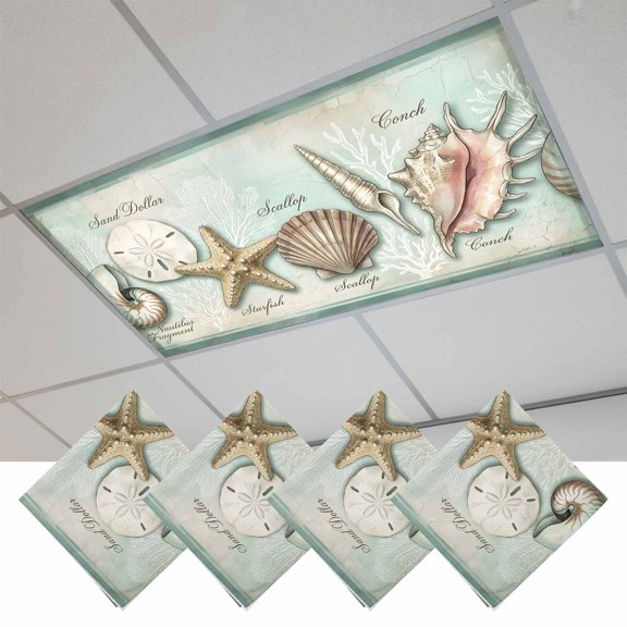 4 Pcs Coastal Ocean Fluorescent Light Covers Sand Dollar Shells Starfish Teal Green Retro Magnetic Light Covers for Ceiling Lights 4 x 2 ft Drop Ceiling Lights Cover Shade for Office, Home, Hospital
