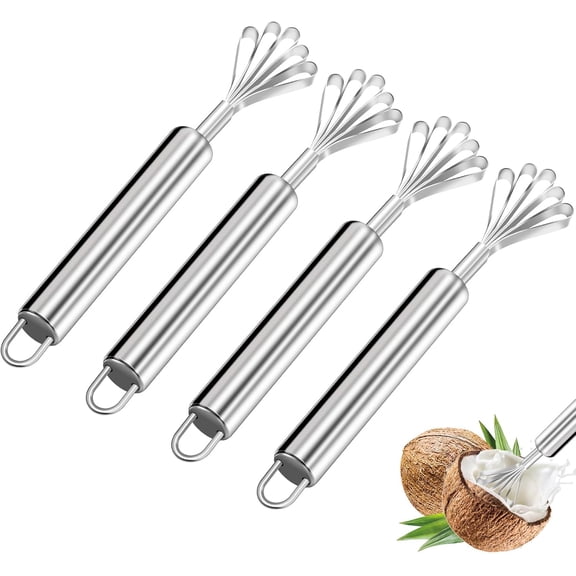 4 Pcs Coconut Meat Removal Scraper Tools, Stainless Steel Coco Nut Kinfe, Copra Cocoanut Pulp Shredder, Fish Skin Scaler for Kitchen, Grater, Peeler and Slicer, Coconut Grater, Silver