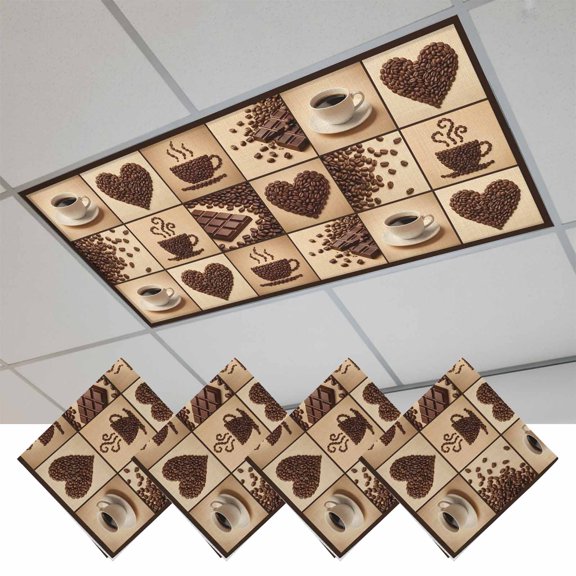 4 Pcs Coffee Beans Fluorescent Light Covers Country Heart Coffee Bean Chocolate Patchwork Magnetic Light Covers for Ceiling Lights 4 x 2 ft Drop Ceiling Lights Cover Shade for Office, Home, Hospital