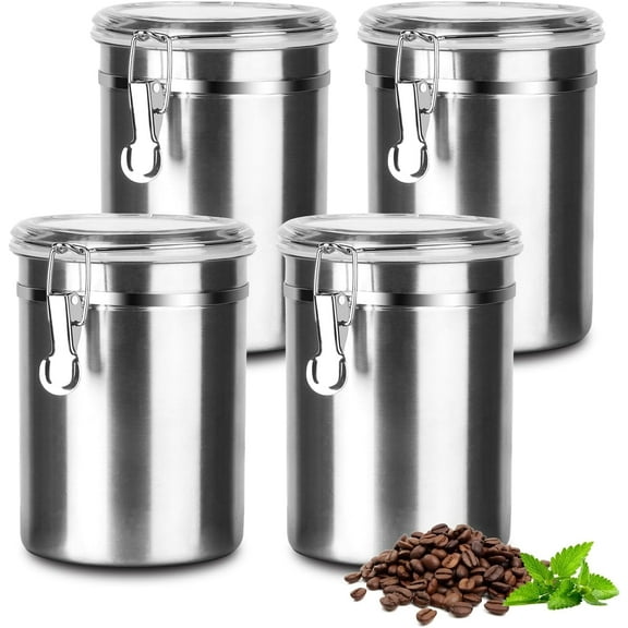 4 Pcs Coffee Canister Stainless Steel Food Container with Clear Lids Airtight Storage Container Stackable Small Canisters Kitchen Pantry Storage for Cereal, Snacks, Candy, Herbs, Spices, Sugar, Tea (