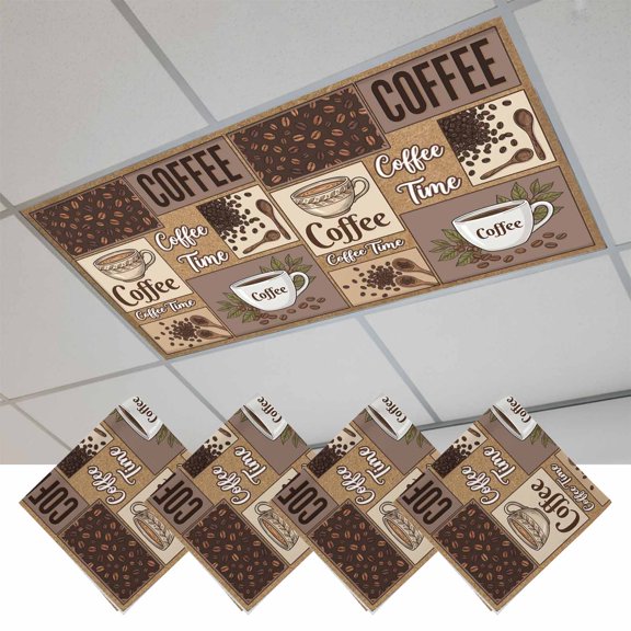 4 Pcs Coffee Time Fluorescent Light Covers Retro Coffee Beans Brown Patchwork Magnetic Light Covers for Ceiling Lights 4 x 2 ft Drop Ceiling Lights Cover Shade for Office, Home, Hospital