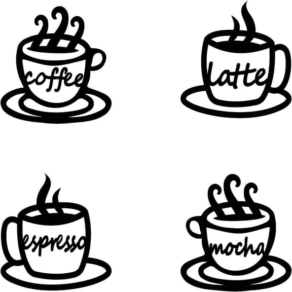 4 Pcs Coffee Wall Art Wooden Espresso Written Art Wall Decor Black Latte Word Hollow Wall Signs Wooden Hanging Decor