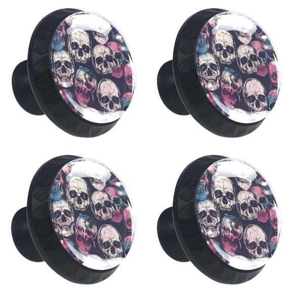 4 Pcs Color Dead Skulls Print Cabinet Knobs 30mm Round Crystal Glass Drawer Handles Pulls with Screws for Kitchen Cupboard Wardrobe Closet Dresser, Home&Office