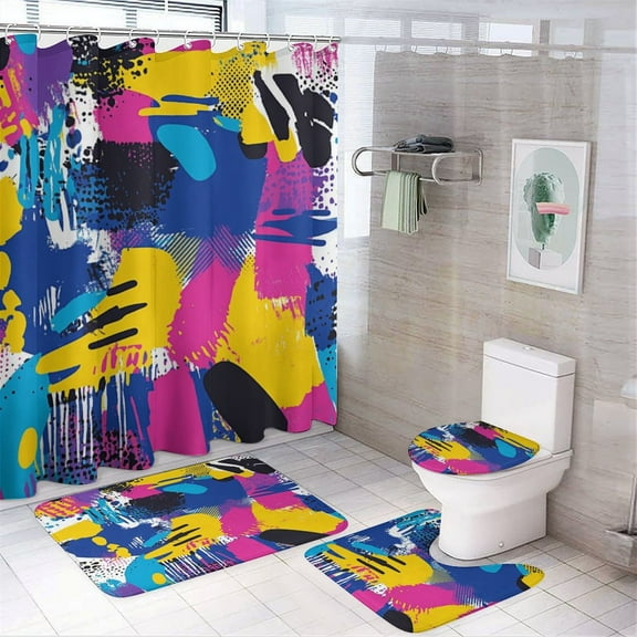 4 Pcs Color Wave Point Geometry Shower Curtain Set with Non-Slip Rugs Bathroom Set Bathroom Carpet Bath Mat And Toilet Rugs