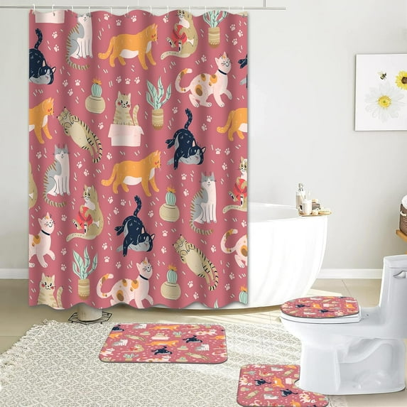4 Pcs Colorful Cat Flower Shower Curtain Set Cat Bathroom Sets with Waterproof Fabric Shower Curtain and Non-Slip Rugs Toilet Lid Cover Bath Mat Decor with Hooks(72x72 Inch)