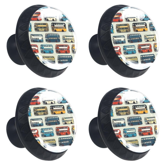 4 Pcs Colorful Double Decker Bus Print Cabinet Knobs 30mm Round Crystal Glass Drawer Handles Pulls with Screws for Kitchen Cupboard Wardrobe Closet Dresser, Home&Office